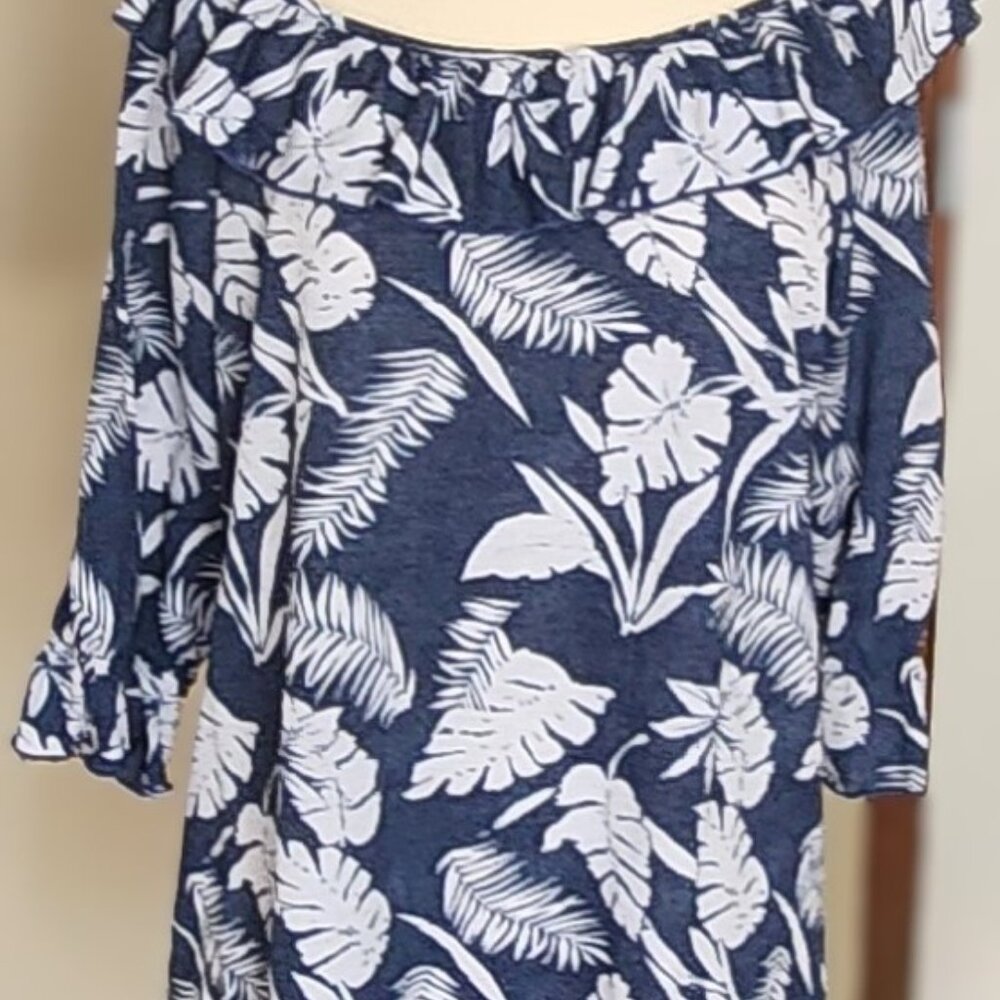 VAMP, Off-Shoulder Top, Navy & White, Palm Leaves, 3/4 sleeves, Ruffle, Large